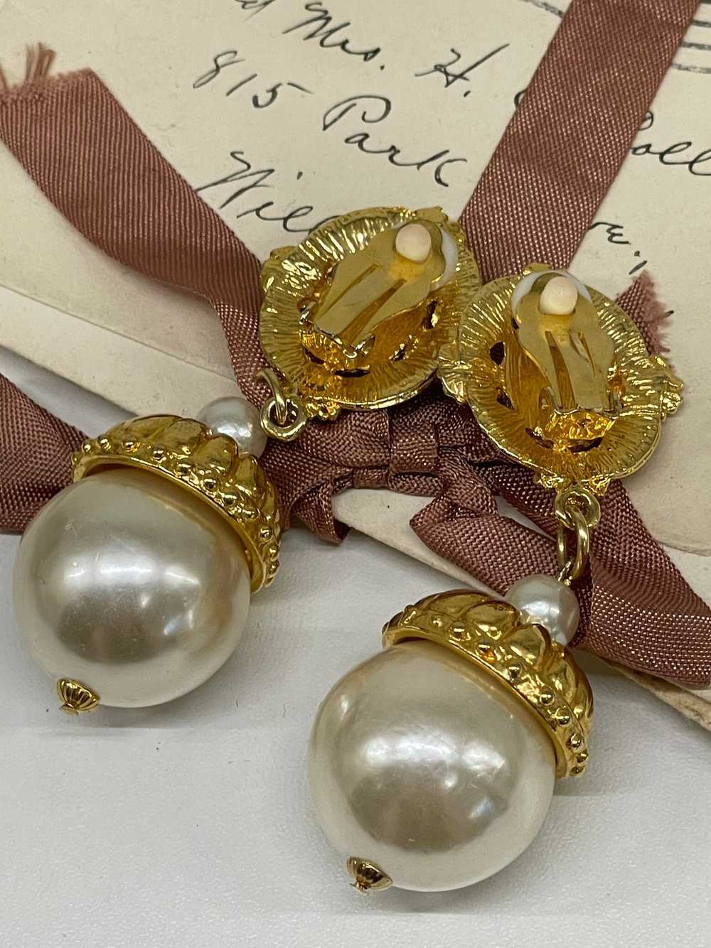Large Gold Pearl and Rhinestone Earrings - image 4