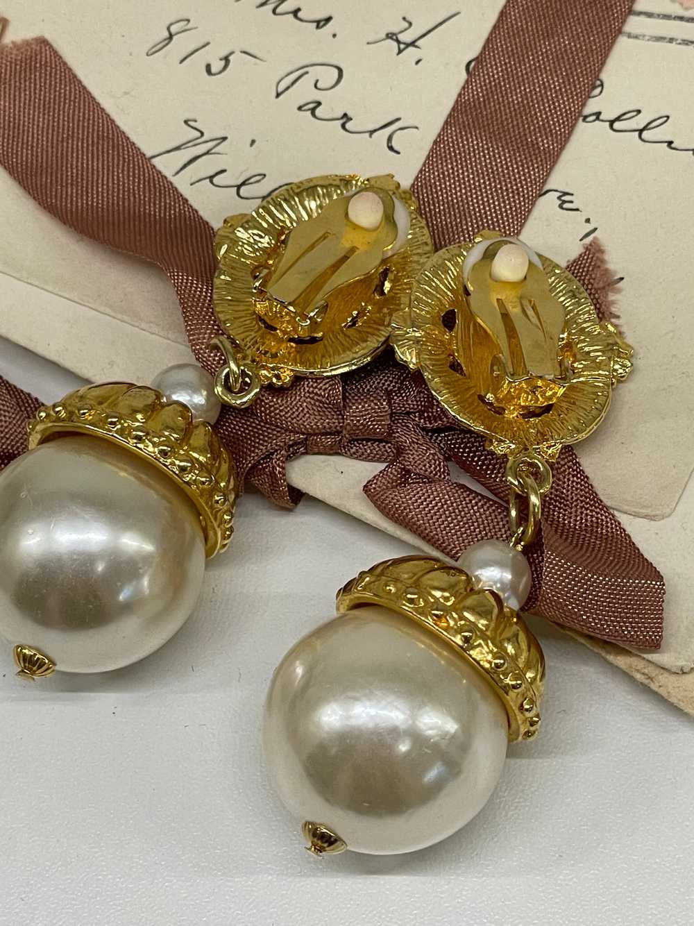 Large Gold Pearl and Rhinestone Earrings - image 5