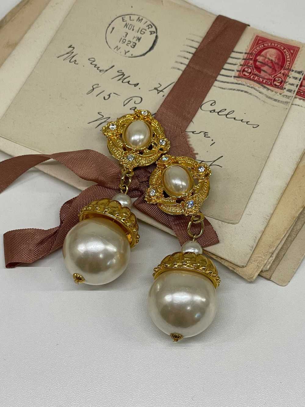 Large Gold Pearl and Rhinestone Earrings - image 6