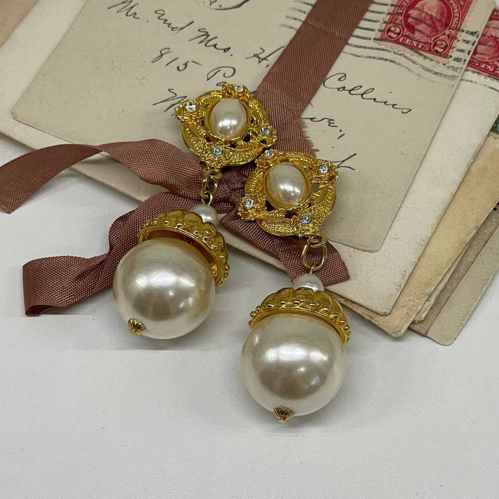 Large Gold Pearl and Rhinestone Earrings - image 7
