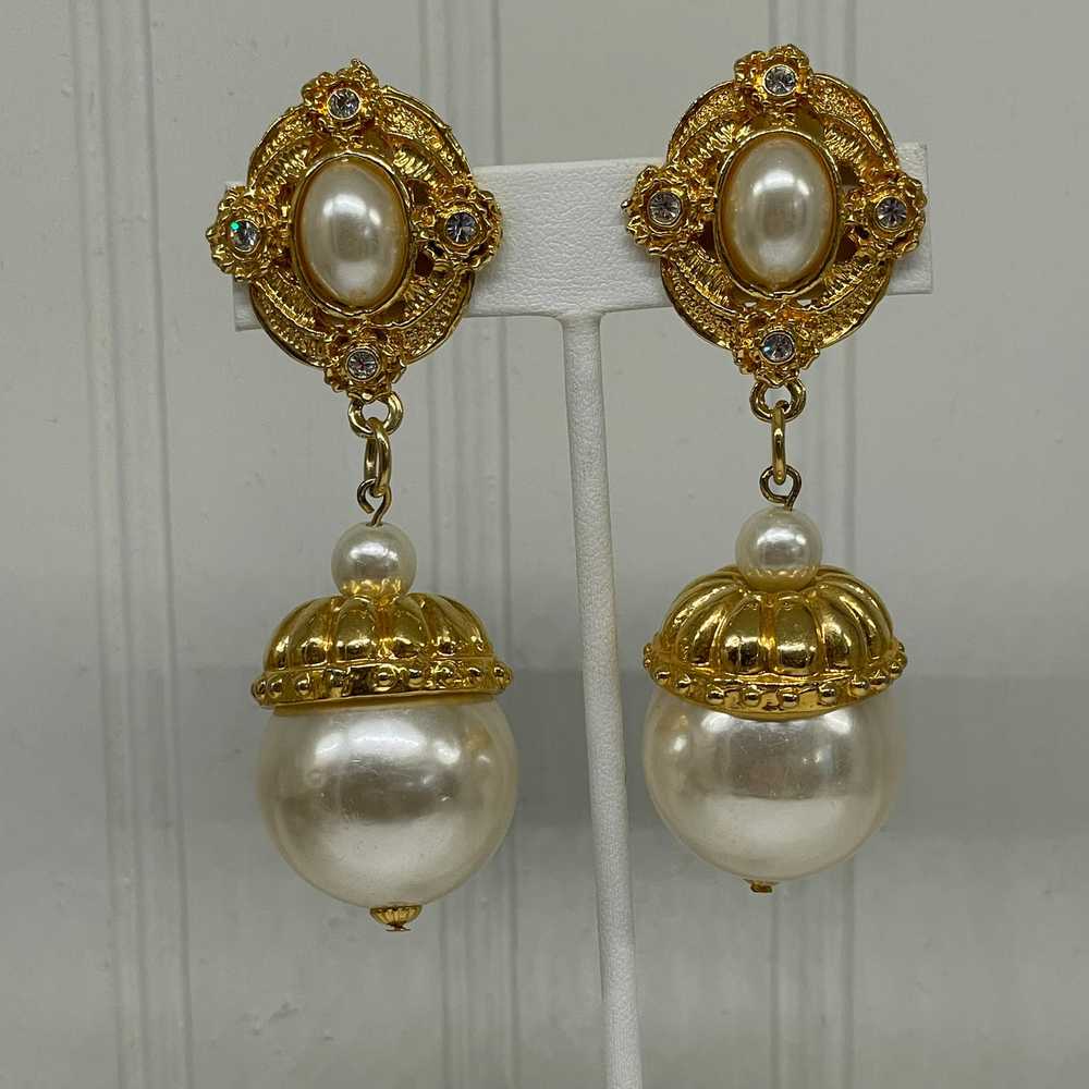 Large Gold Pearl and Rhinestone Earrings - image 8