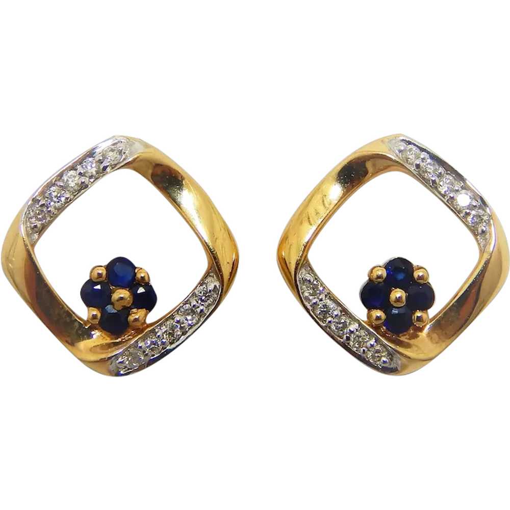 14K Gold Diamonds Sapphire Earrings Post Style .1… - image 1