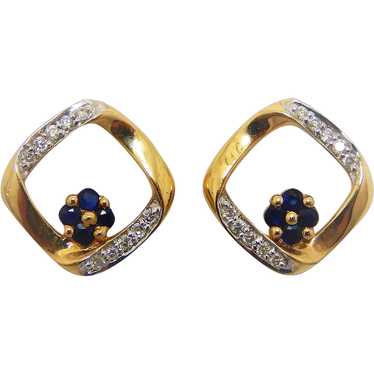 14K Gold Diamonds Sapphire Earrings Post Style .1… - image 1