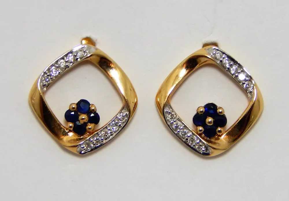 14K Gold Diamonds Sapphire Earrings Post Style .1… - image 2