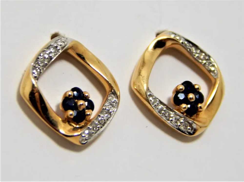 14K Gold Diamonds Sapphire Earrings Post Style .1… - image 3