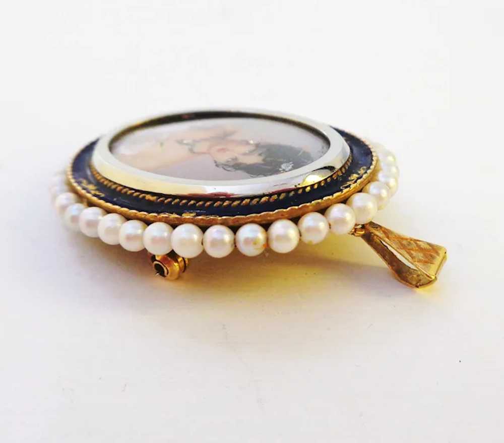 18K Gold Enamel Pearl and Diamond Hand Painted Po… - image 2