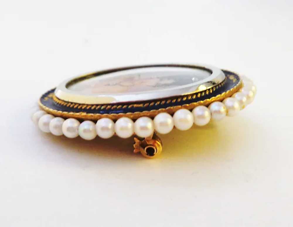 18K Gold Enamel Pearl and Diamond Hand Painted Po… - image 3