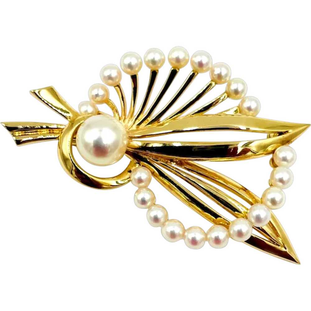 Mikimoto Yellow Gold Pearl Brooch Pin Mid Century - image 1