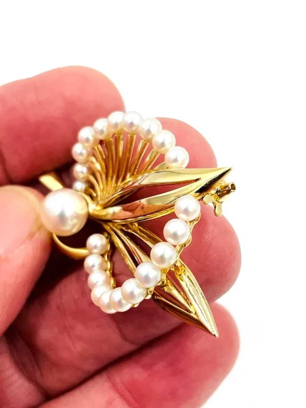 Mikimoto Yellow Gold Pearl Brooch Pin Mid Century - image 3