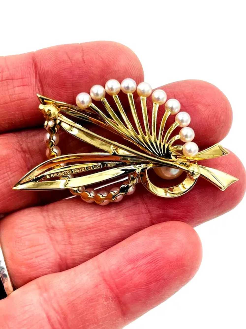 Mikimoto Yellow Gold Pearl Brooch Pin Mid Century - image 5