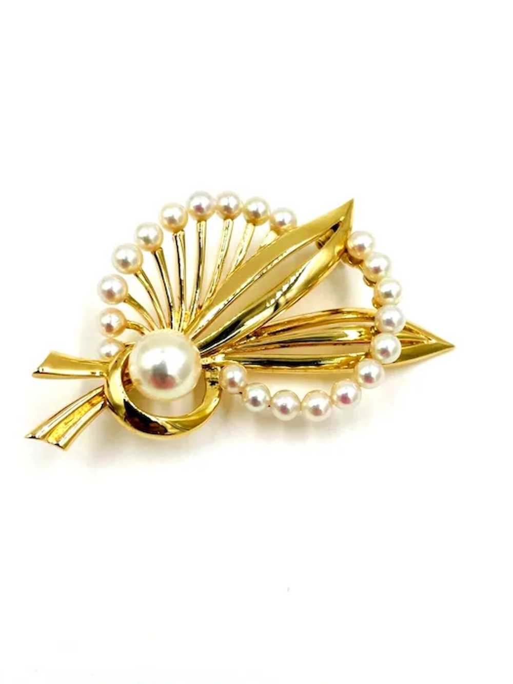 Mikimoto Yellow Gold Pearl Brooch Pin Mid Century - image 6