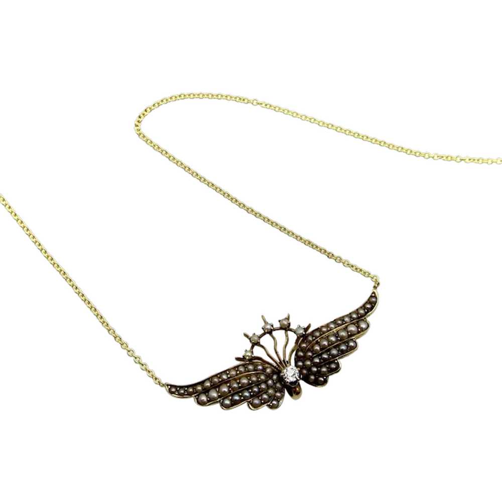 14K Gold Victorian Angel Wing Necklace with Diamo… - image 1