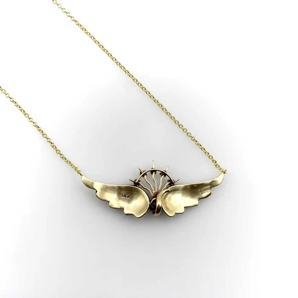 14K Gold Victorian Angel Wing Necklace with Diamo… - image 2