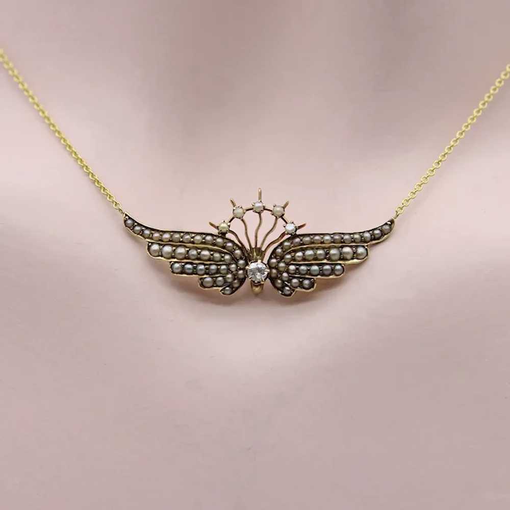 14K Gold Victorian Angel Wing Necklace with Diamo… - image 3