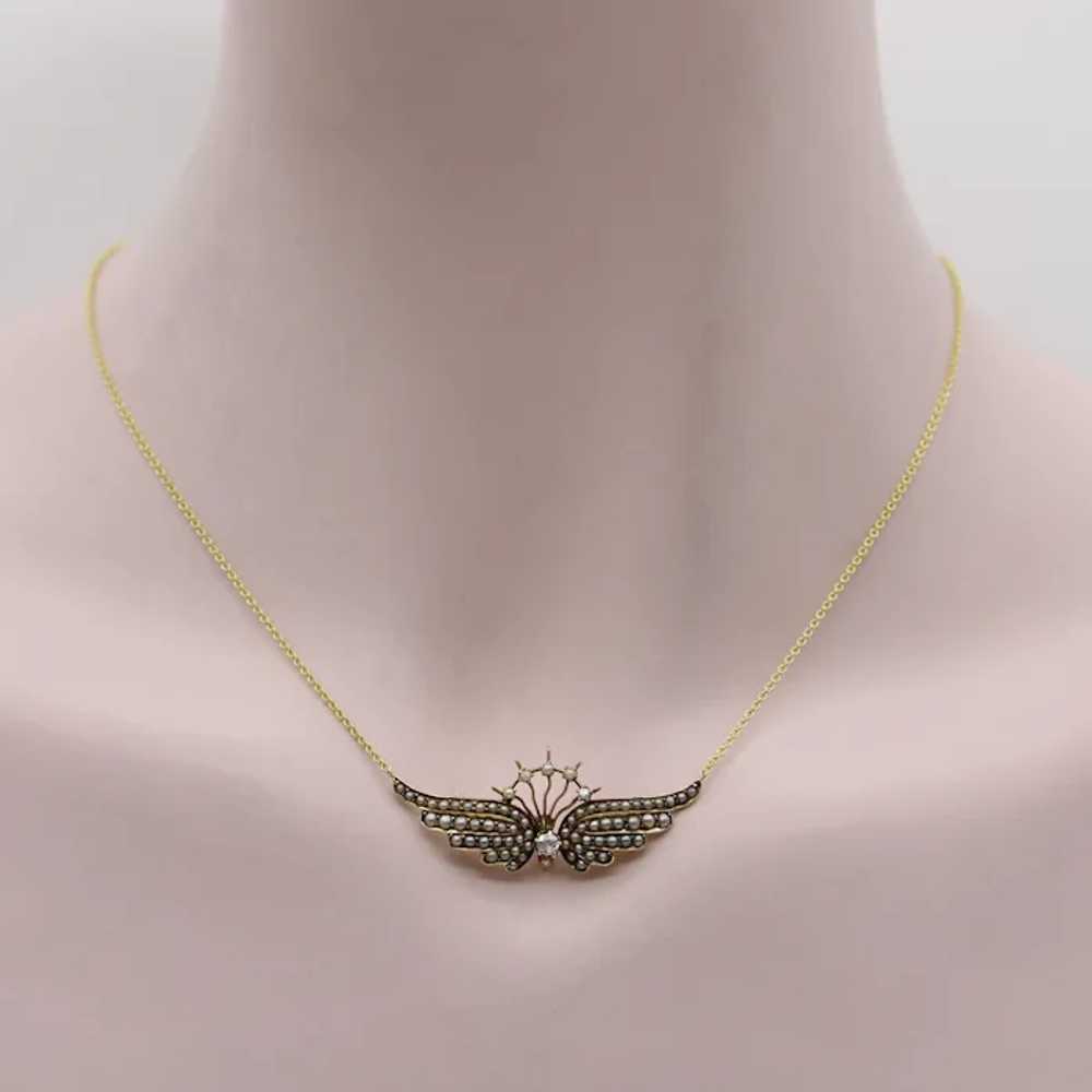 14K Gold Victorian Angel Wing Necklace with Diamo… - image 4
