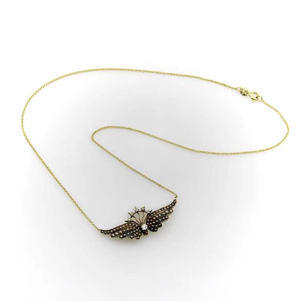 14K Gold Victorian Angel Wing Necklace with Diamo… - image 7