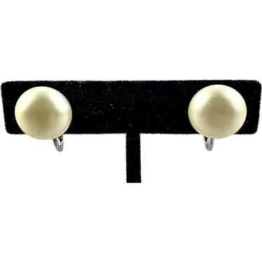 Faux Mabe Pearl Button Screw Back Earrings Signed 