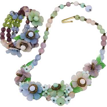 Vintage Glass Flower Choker Necklace & Bracelet Se