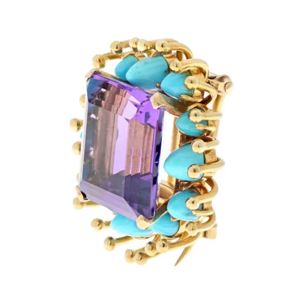 Verdura 18K Yellow Gold Turquoise Amethyst Brooch… - image 3