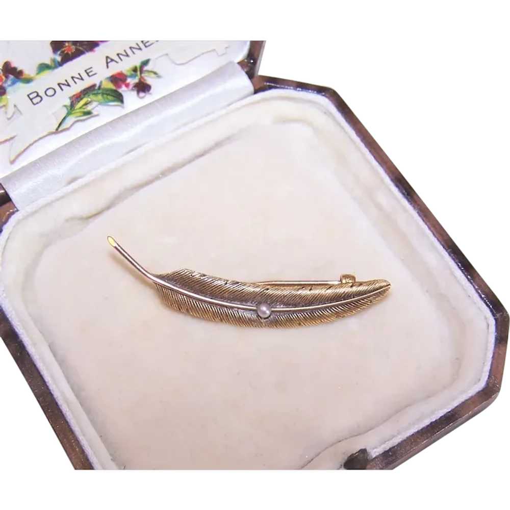 Art Nouveau 14K Gold Natural Pearl Feather Pin Br… - image 1