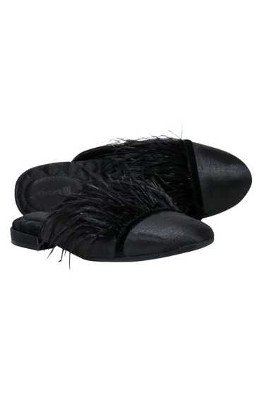 Birdie - Black Flat Mule Shoes w/ Feather Trim Sz 