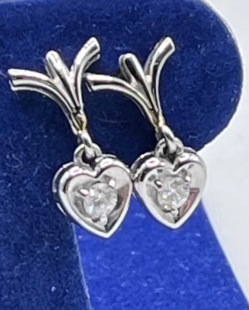 14K White Gold Stud Earrings with Heart Shaped Dr… - image 5