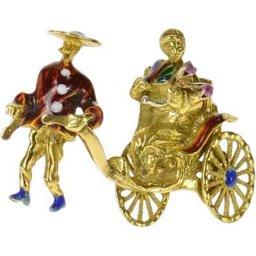 18K Ornate Enamel Ruby Rickshaw Pull Cart Pin/Broo