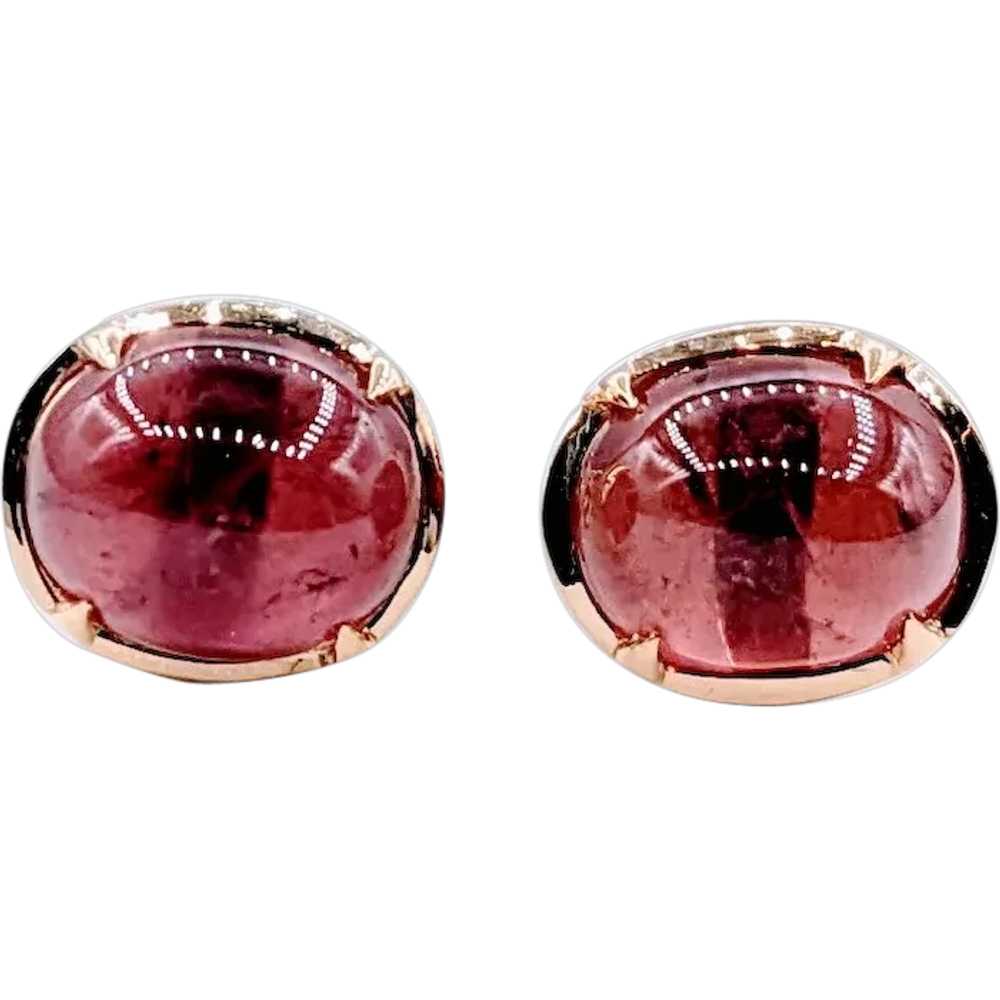 Captivating 18k Cabochon Pink Tourmaline Stud Ear… - image 1