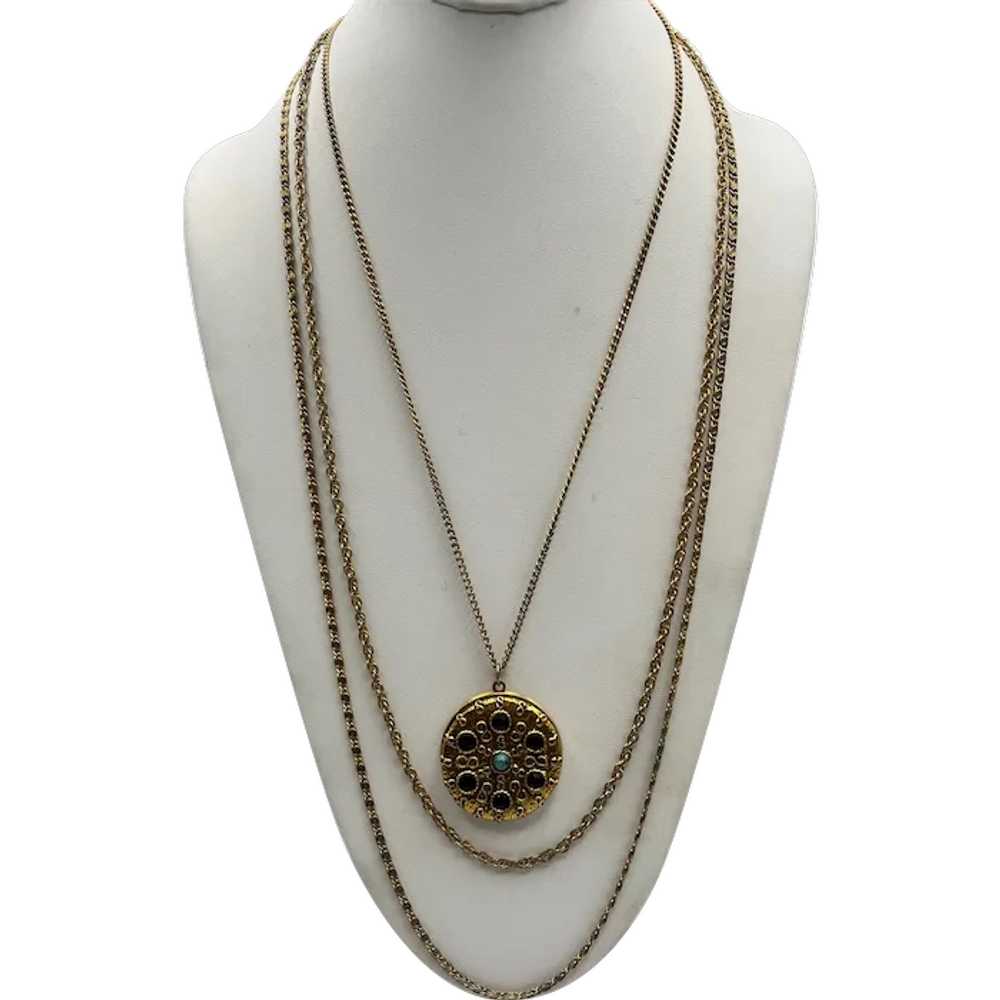 Goldette Rhinestone Locket Triple Strand Necklace… - image 1