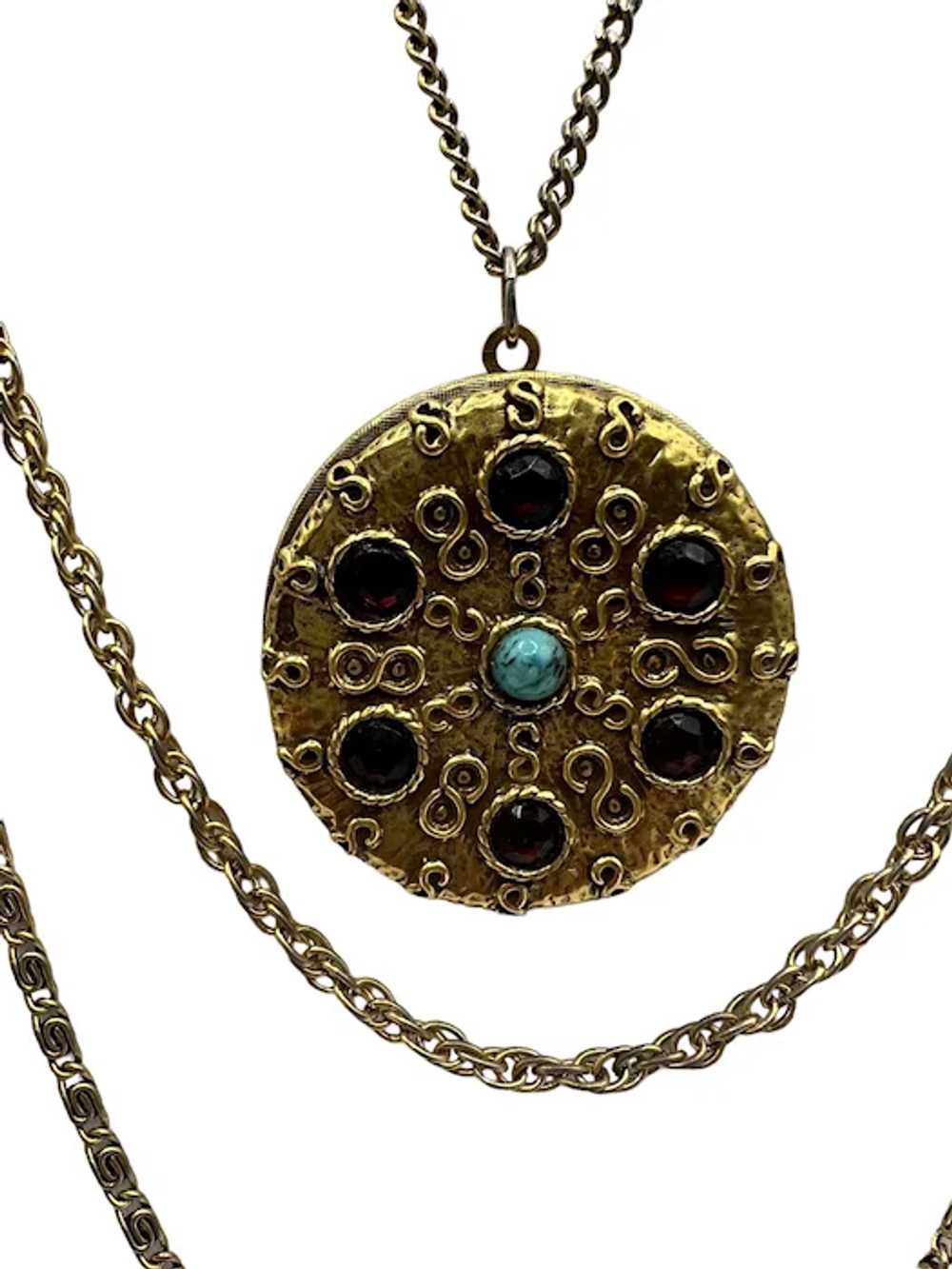 Goldette Rhinestone Locket Triple Strand Necklace… - image 2