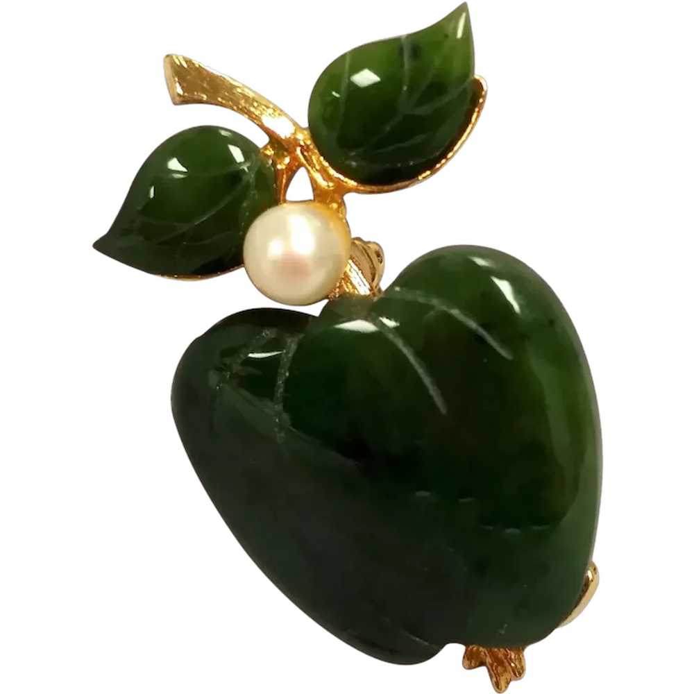 Vintage Swoboda Jade Cultured Pearl Apple Brooch - image 1