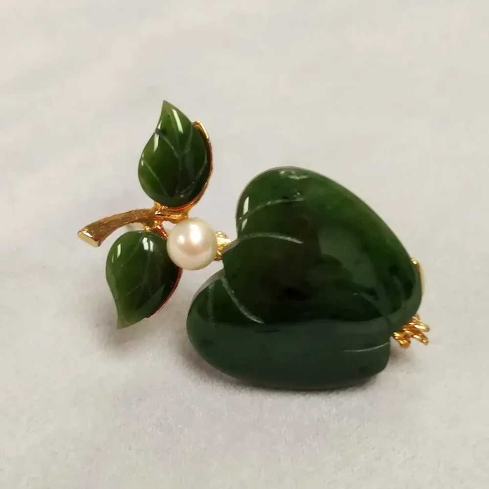 Vintage Swoboda Jade Cultured Pearl Apple Brooch - image 3