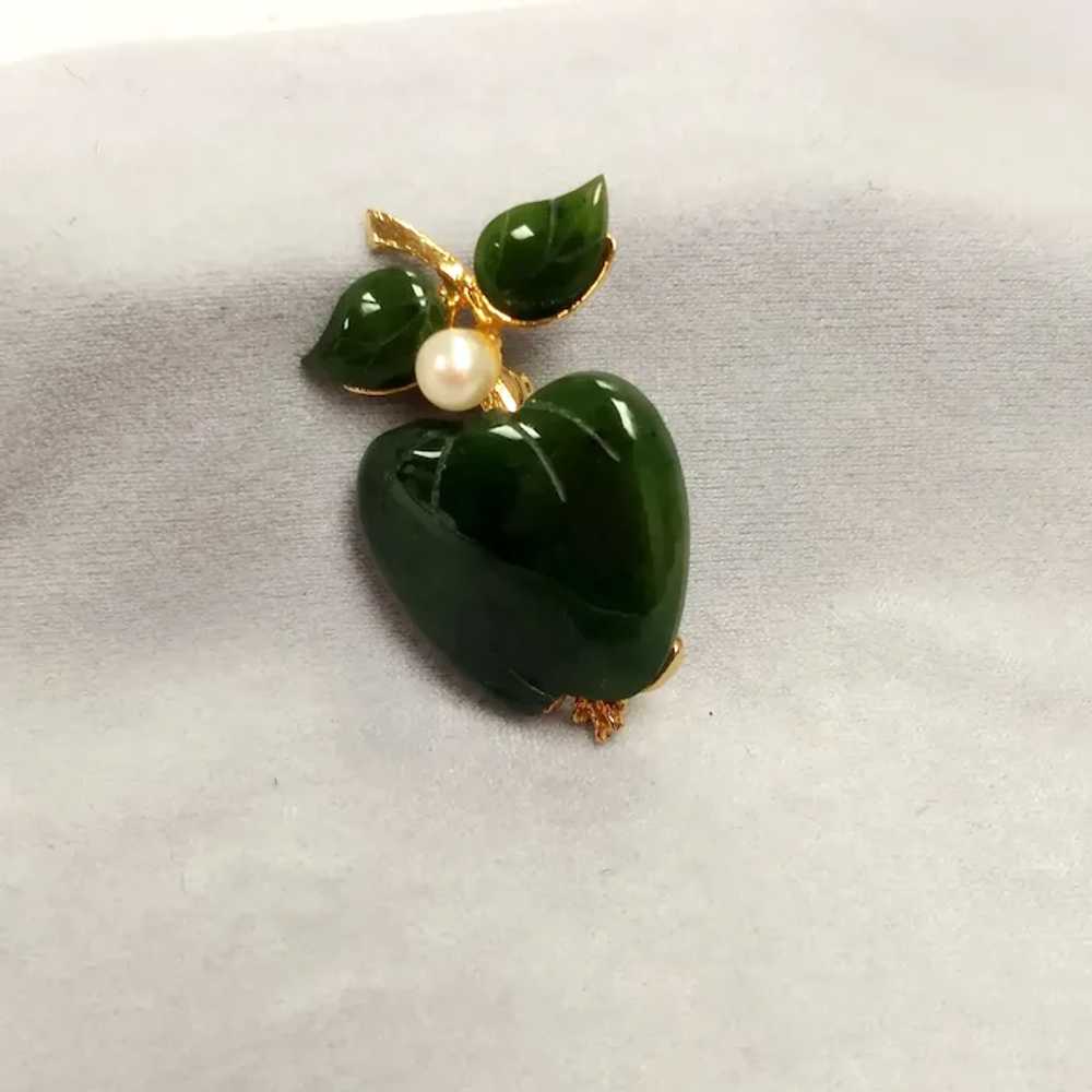 Vintage Swoboda Jade Cultured Pearl Apple Brooch - image 7