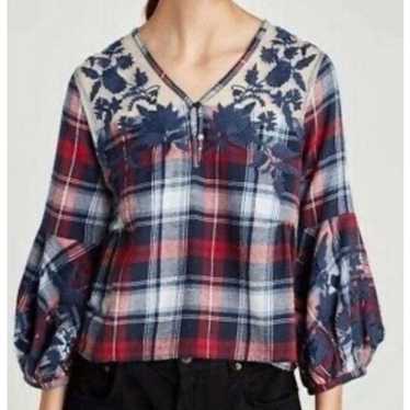 Zara ZARA Basic Red Blue Plaid Blouse with Flower… - image 1