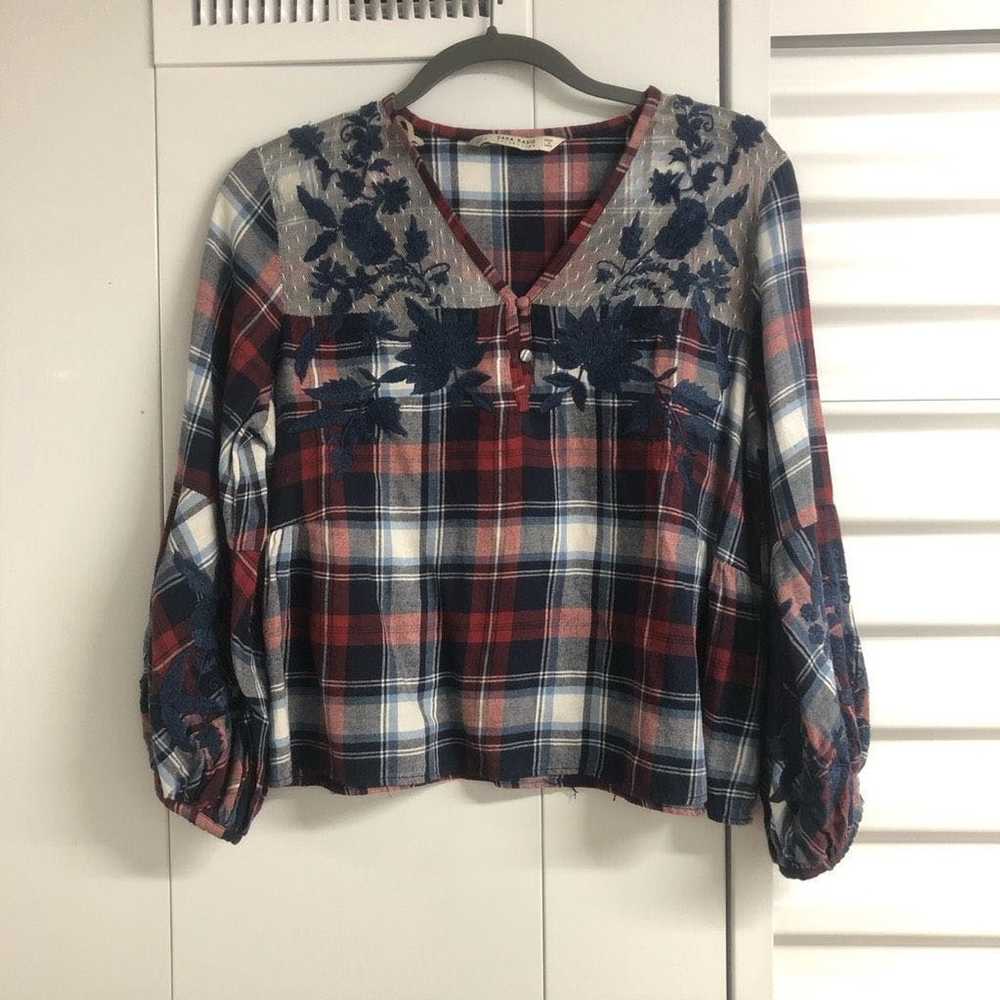 Zara ZARA Basic Red Blue Plaid Blouse with Flower… - image 2