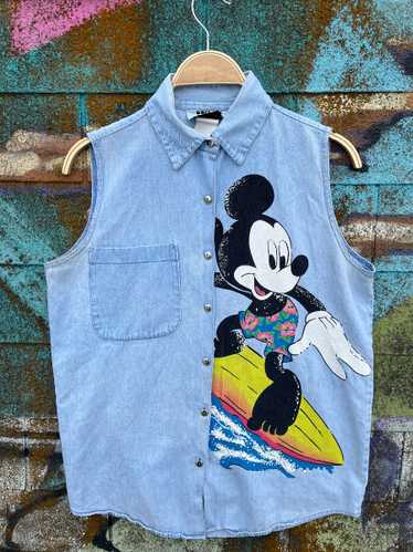 SURFING MICKEY MOUSE SLEEVELESS DENIM BUTTON UP SH