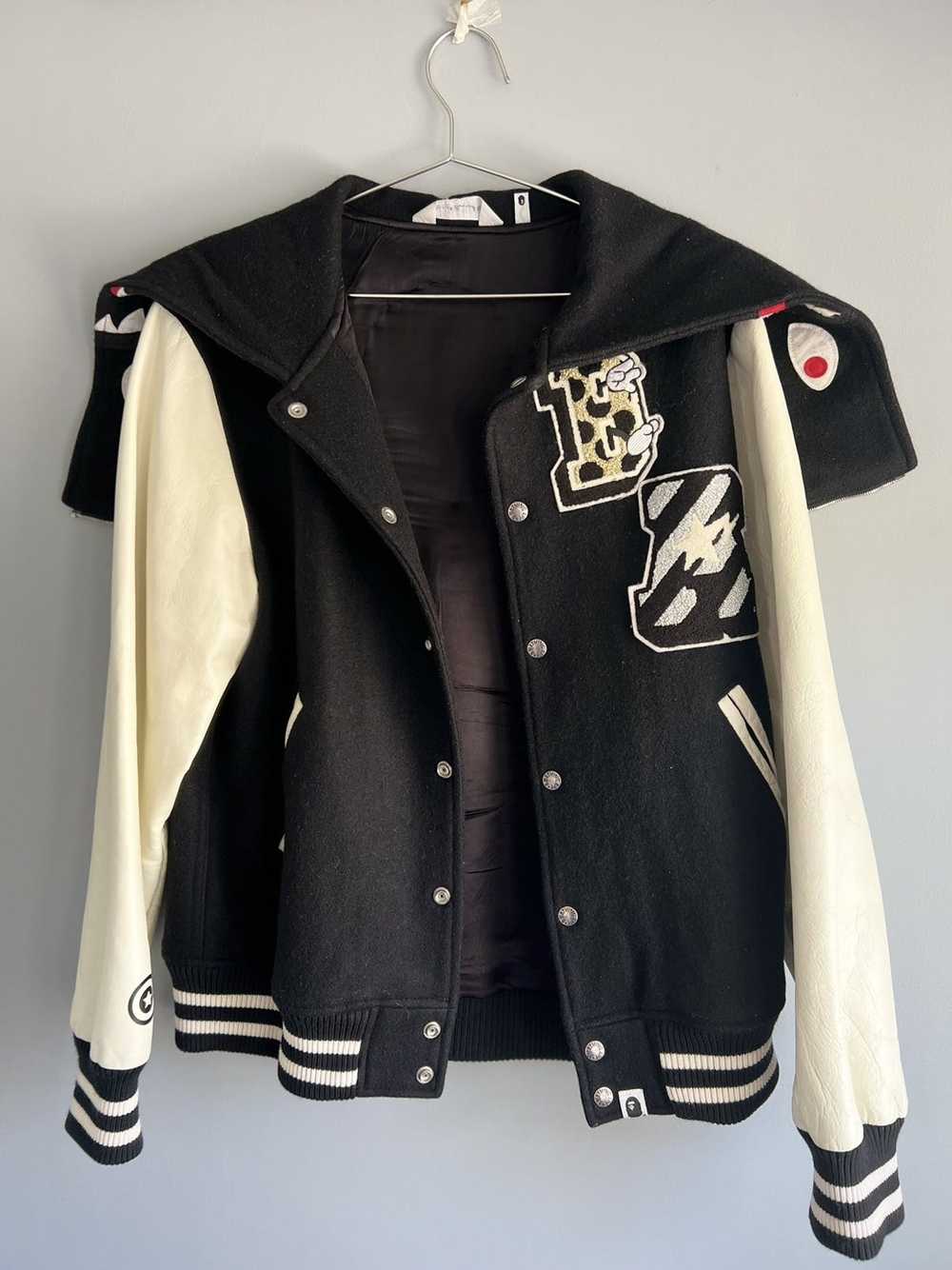 Bape Bape Shark Leather Varsity Zip Up Jacket XL … - image 1