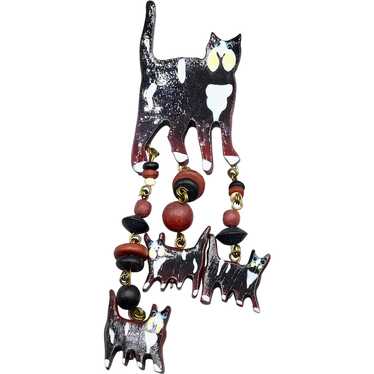 Funky Cats Dangles Brooch Handcrafted Red Black Wo