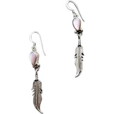 Feather Dangle Earrings Sterling Silver Pink Moth… - image 1