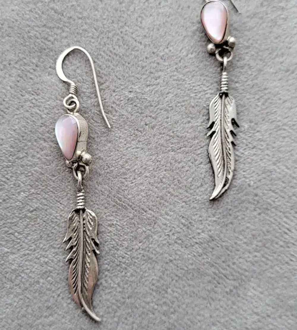 Feather Dangle Earrings Sterling Silver Pink Moth… - image 2