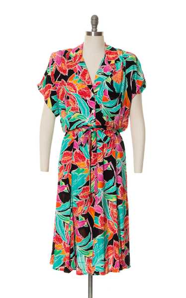1980s CAROLE LITTLE Floral Rayon Shirtwaist Dress 