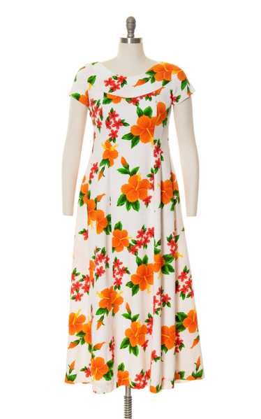 1960s 1970s Hawaiian Hibiscus Barkcloth Maxi Dress