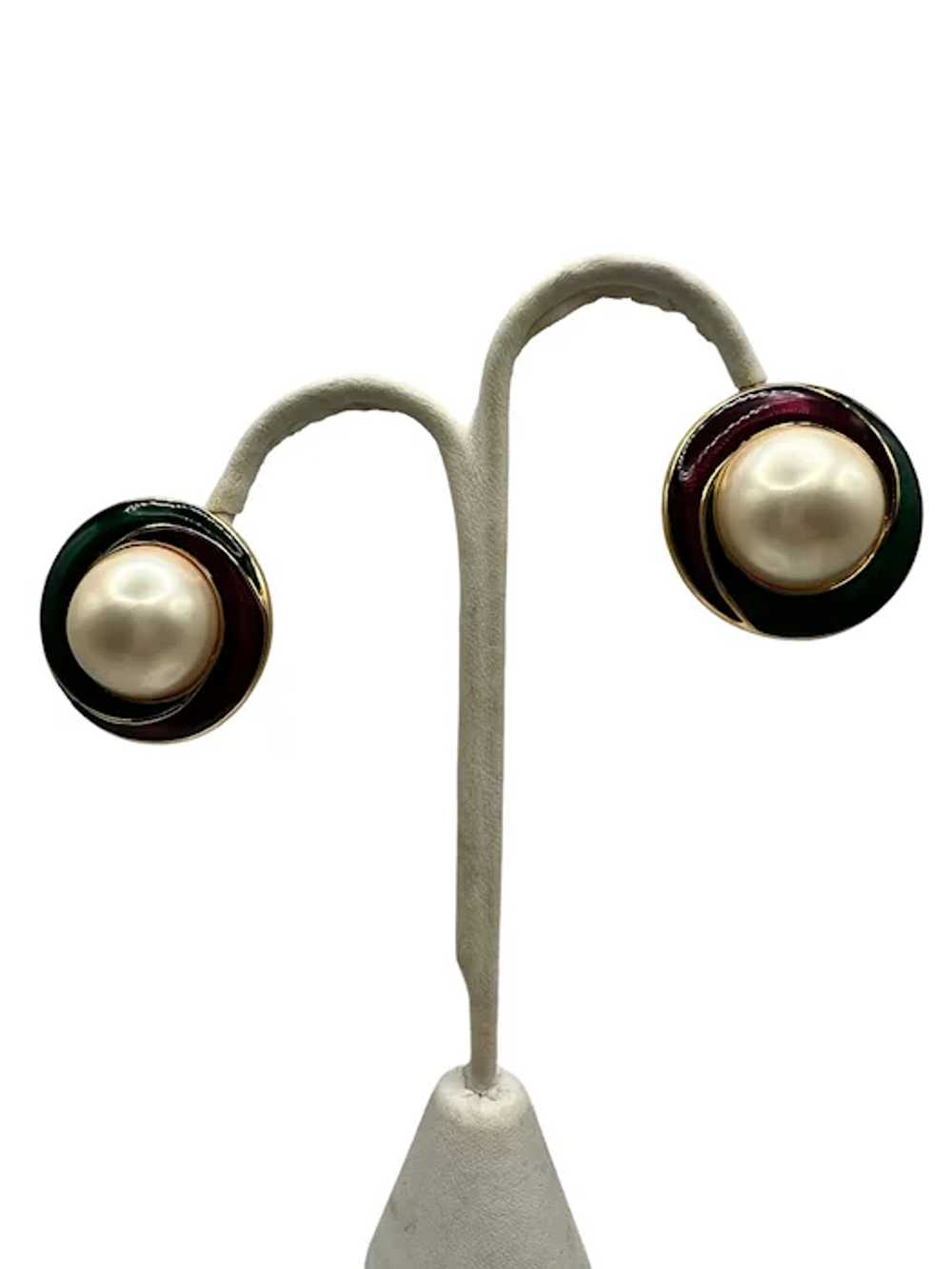 Trifari Purple Teal Enamel Faux Pearl Clip Earrin… - image 2