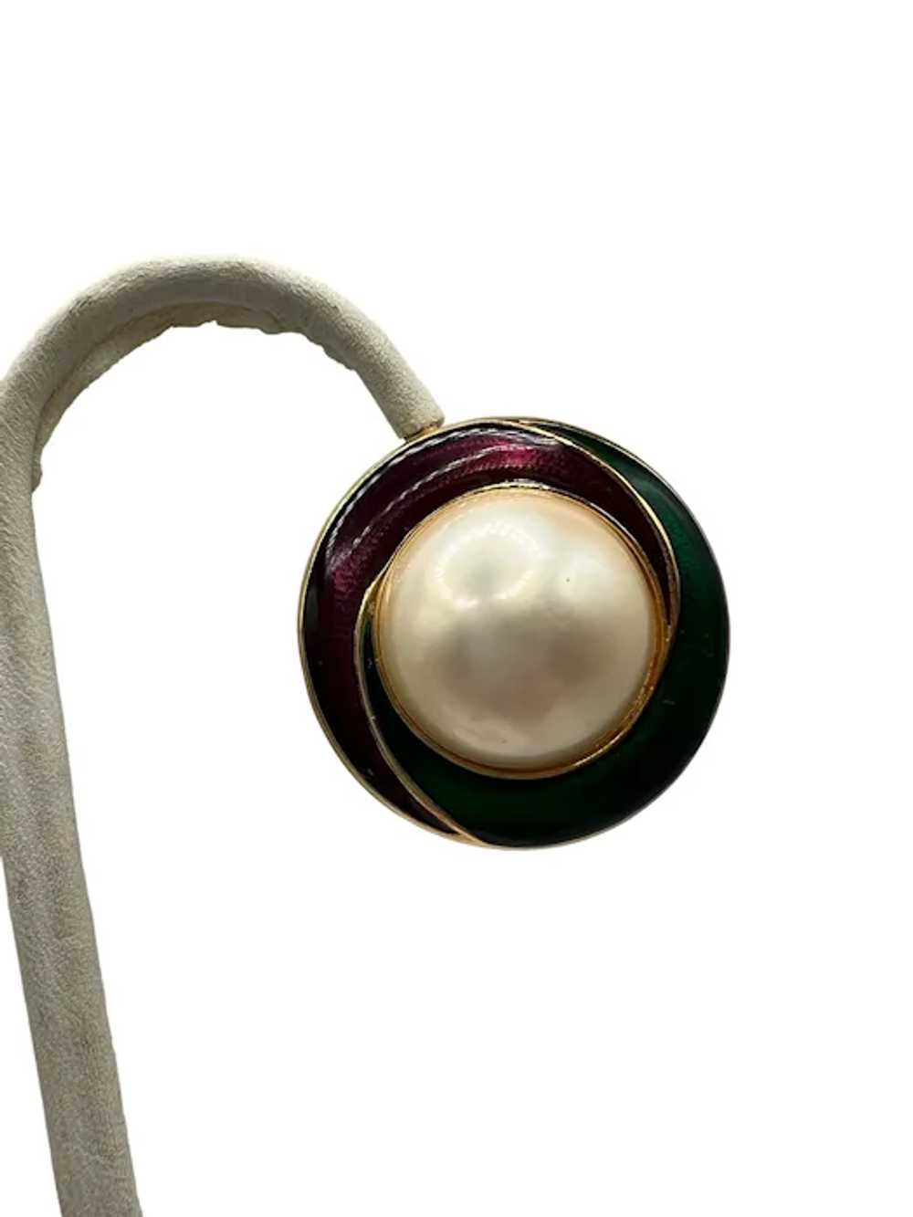 Trifari Purple Teal Enamel Faux Pearl Clip Earrin… - image 4