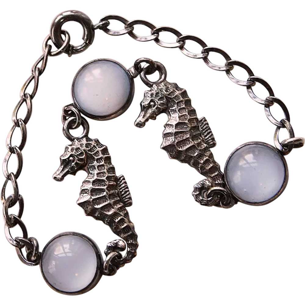 Sterling SEAHORSE Blue Glass Art Deco Bracelet - image 1
