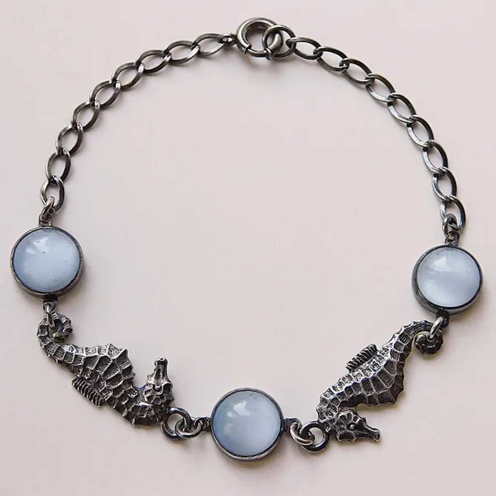 Sterling SEAHORSE Blue Glass Art Deco Bracelet - image 2