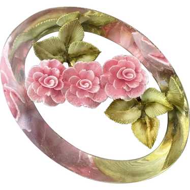 1940's Reverse Carved Lucite Pink Roses Pin