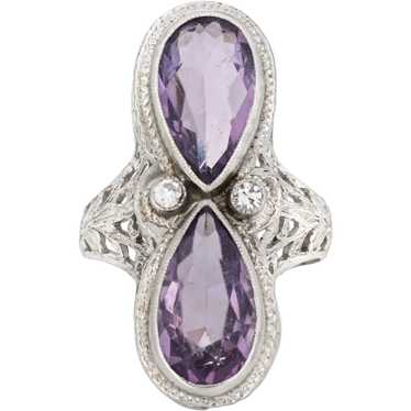 Vintage Art Deco Amethyst Diamond Ring Filigree 1… - image 1