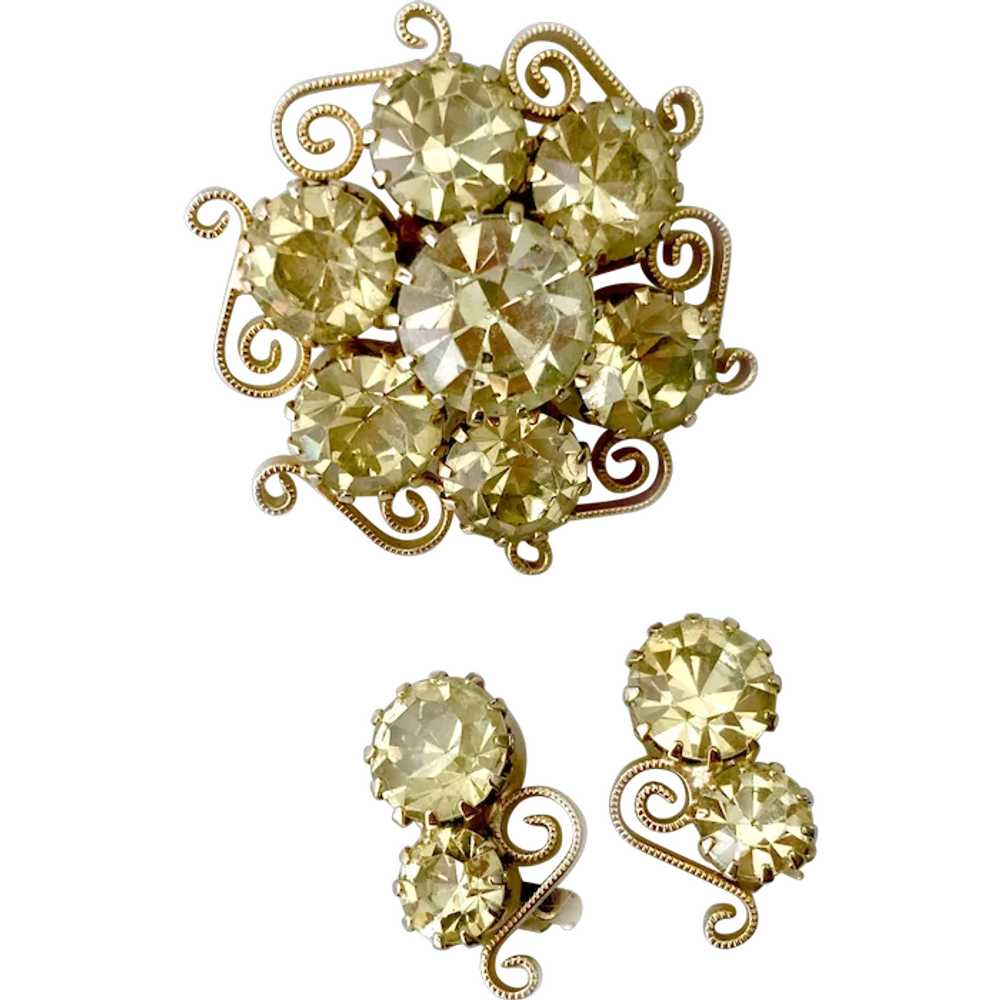 Jonquil Crystals & Gilt Scrolls 'Sun' Pin & Earri… - image 1