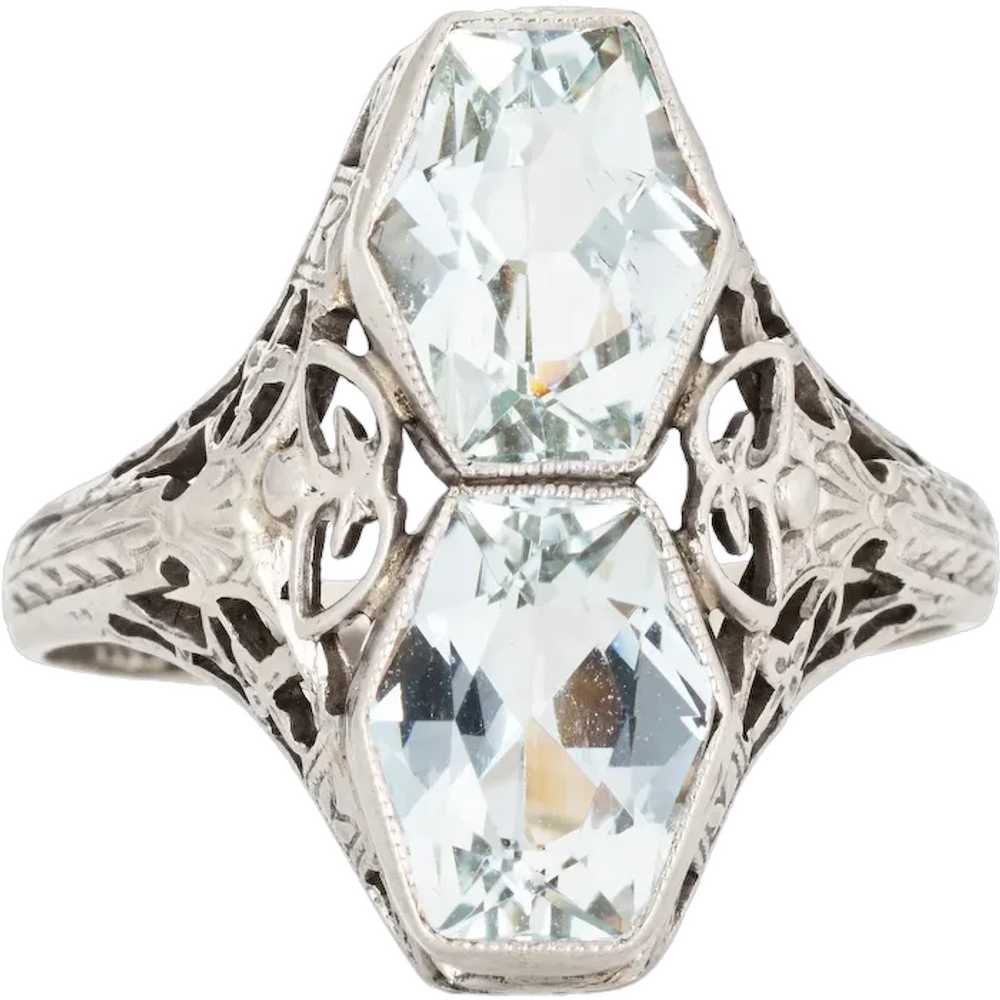 Vintage Art Deco Double Aquamarine Ring Filigree … - image 1